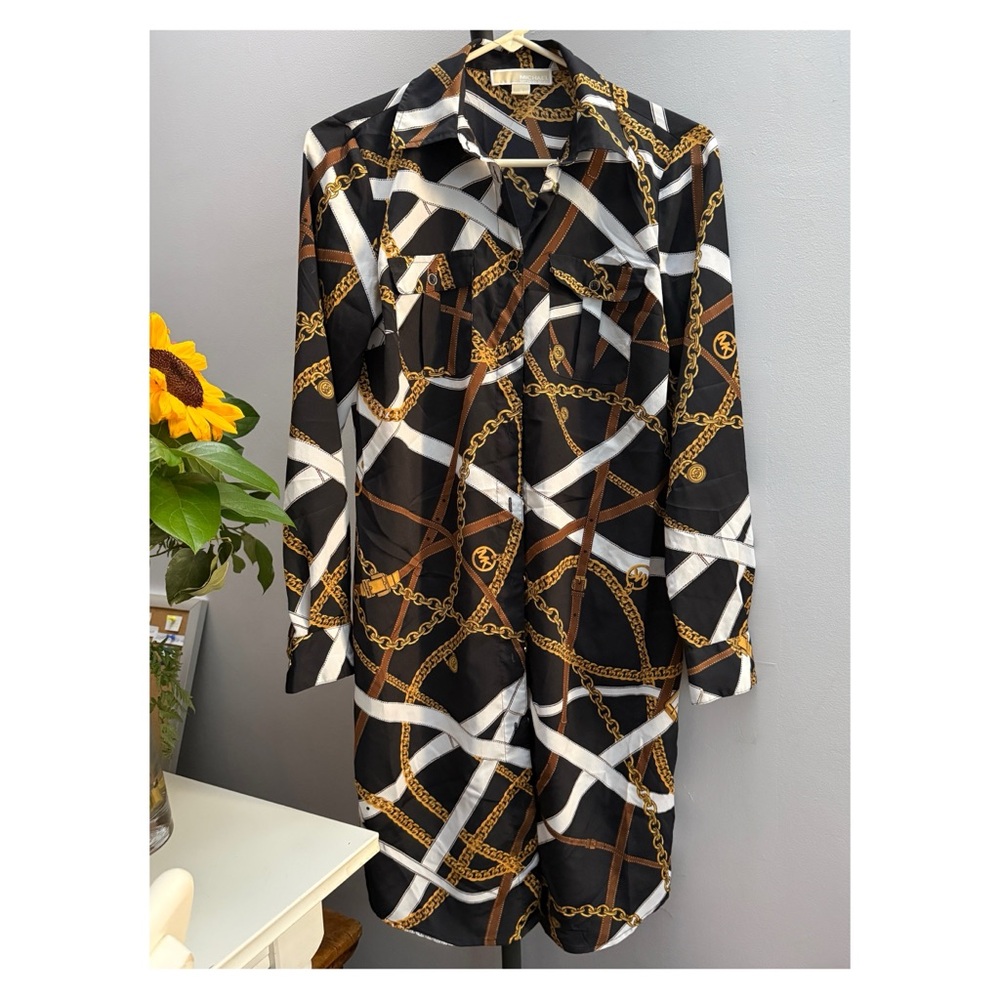 Michael Kors Michael Black and Gold Chain Pattern Shirt Dress